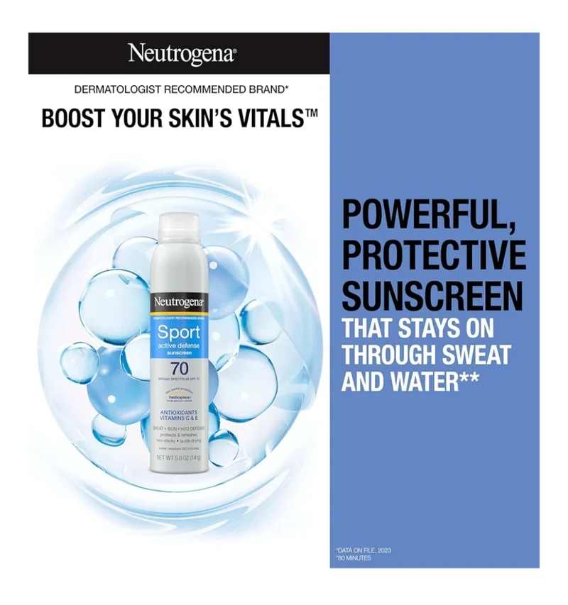 Neutrogena Sport Active Defense SPF 70 Sunscreen Spray, Sweat & Water Resistant Oxybenzone-Free, Twin Pack (5 oz)