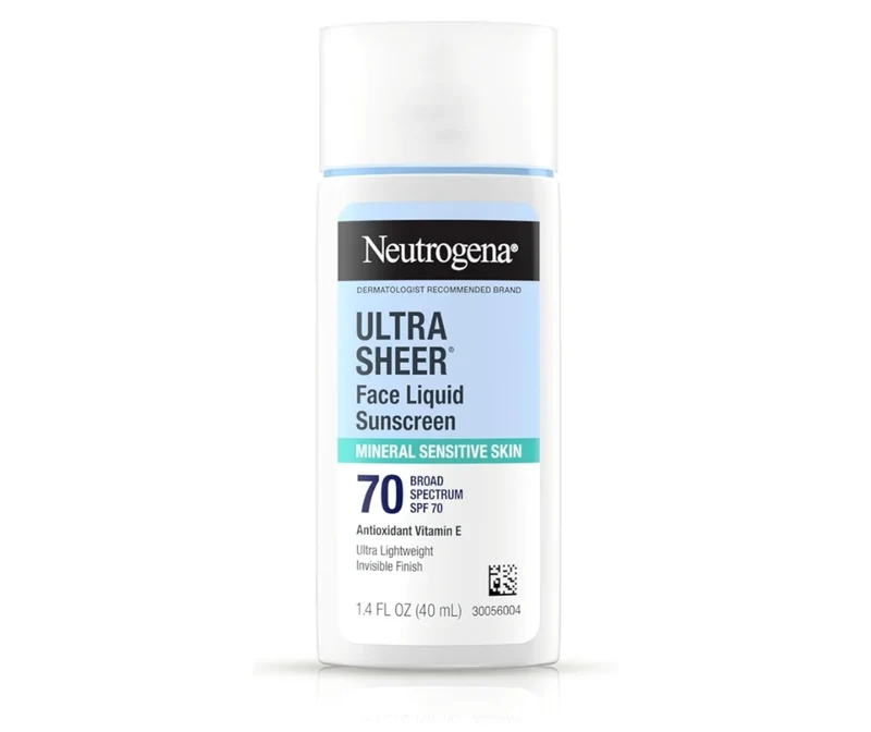 Neutrogena Ultra Sheer Mineral Face Liquid Sunscreen SPF 70, Broad Spectrum UVA UVB for Sensitive Skin Hypoallergenic (1.4 fl oz)