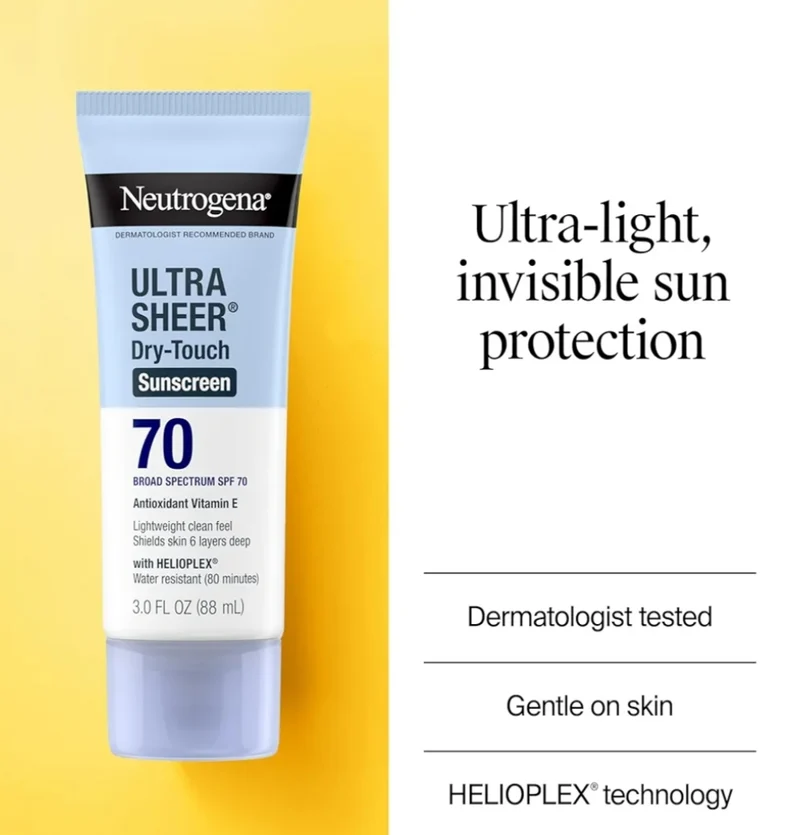 Neutrogena Ultra Sheer Dry-Touch Sunscreen Lotion SPF 70 Broad Spectrum, Water Resistant Oil-Free Matte Finish Travel Size (3 Fl Oz)