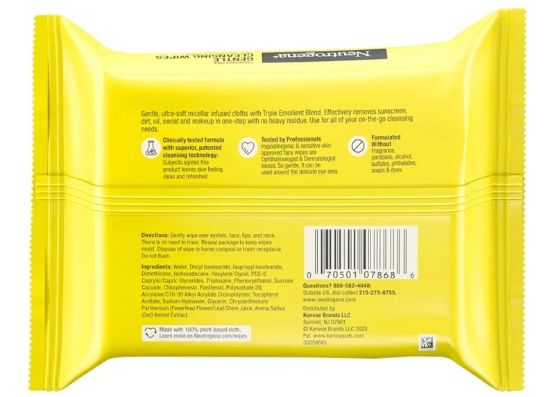 Neutrogena Gentle Facial Cleansing Wipes Ultra-Soft Micellar Cleansing Wipes Fragrance Free For Sensitive Skin, Hypoallergenic (25 ct)