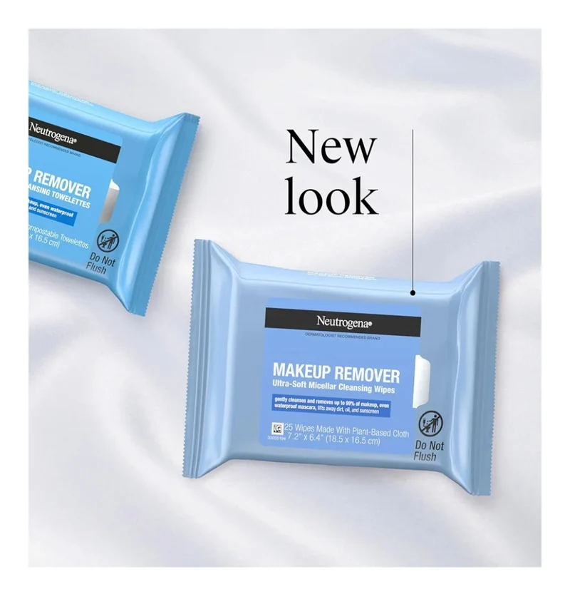 Neutrogena Makeup Remover Wipes Micellar Alcohol-Free Face Towelettes Remove Waterproof Mascara & Oil Compostable 100% Plant-Based (Twin Pack 2 x 25 ct)