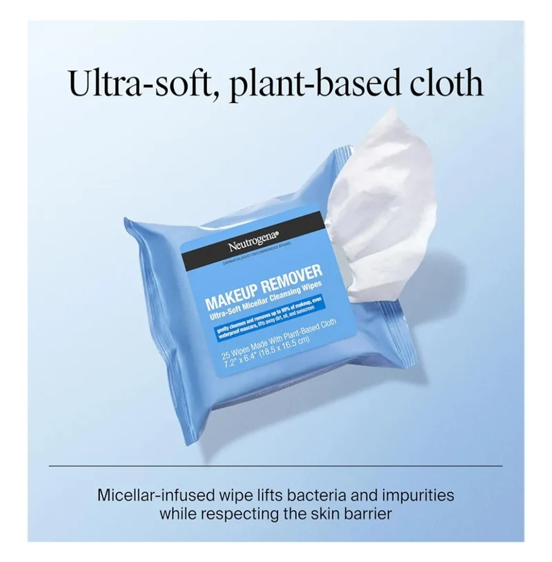 Neutrogena Makeup Remover Wipes Micellar Alcohol-Free Face Towelettes Remove Waterproof Mascara & Oil Compostable 100% Plant-Based (Twin Pack 2 x 25 ct)