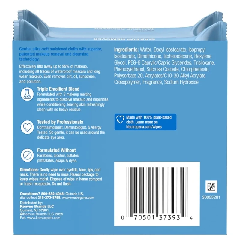 Neutrogena Makeup Remover Wipes Micellar Alcohol-Free Face Towelettes Remove Waterproof Mascara & Oil Compostable 100% Plant-Based (Twin Pack 2 x 25 ct)