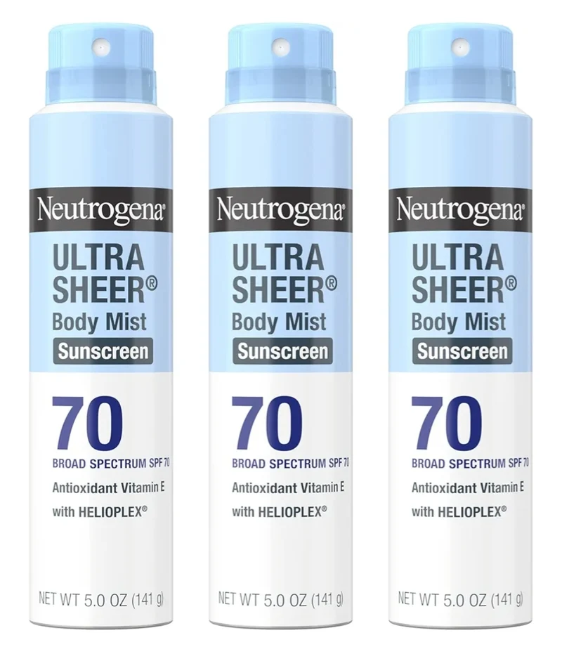 Neutrogena Ultra Sheer Body Mist Sunscreen Spray SPF 70 Non-Greasy & Water Resistant UVA/UVB, 5 oz - Pack of 3