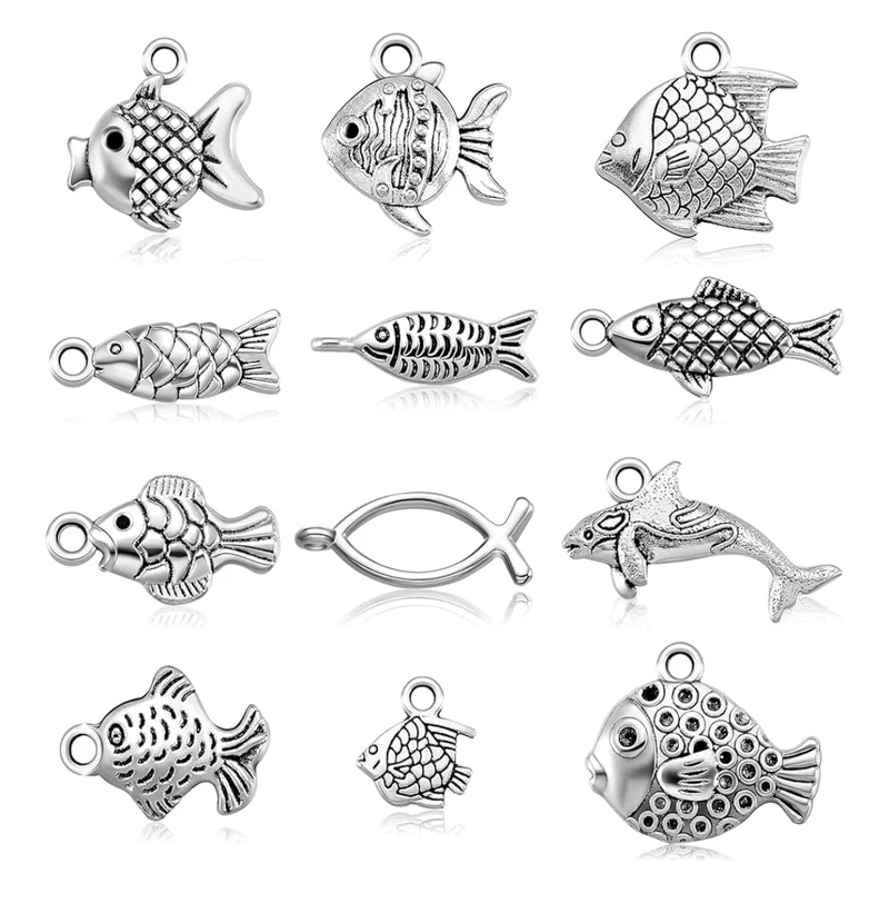 60 Pieces Fish Charms for Jewelry Making - Antiqued Silver Alloy Pendants in 12 Styles - Assorted Charms for DIY Craft Summer Bracelet Necklace Earring