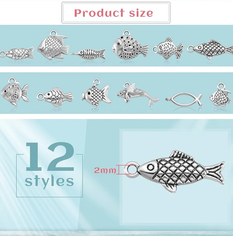 60 Pieces Fish Charms for Jewelry Making - Antiqued Silver Alloy Pendants in 12 Styles - Assorted Charms for DIY Craft Summer Bracelet Necklace Earring