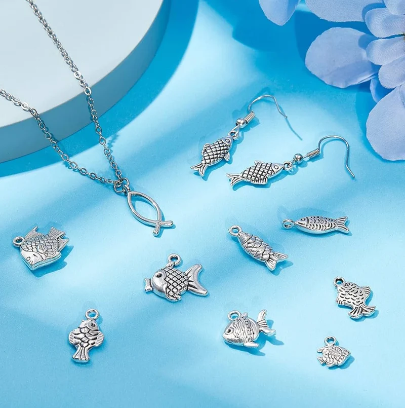 60 Pieces Fish Charms for Jewelry Making - Antiqued Silver Alloy Pendants in 12 Styles - Assorted Charms for DIY Craft Summer Bracelet Necklace Earring