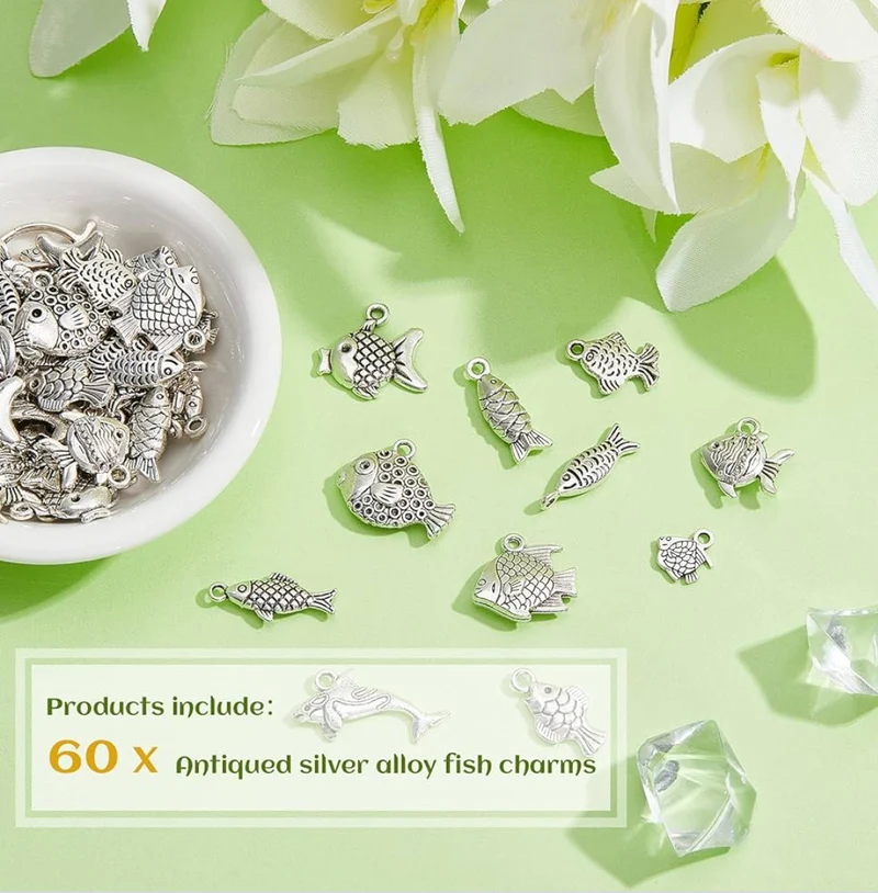 60 Pieces Fish Charms for Jewelry Making - Antiqued Silver Alloy Pendants in 12 Styles - Assorted Charms for DIY Craft Summer Bracelet Necklace Earring