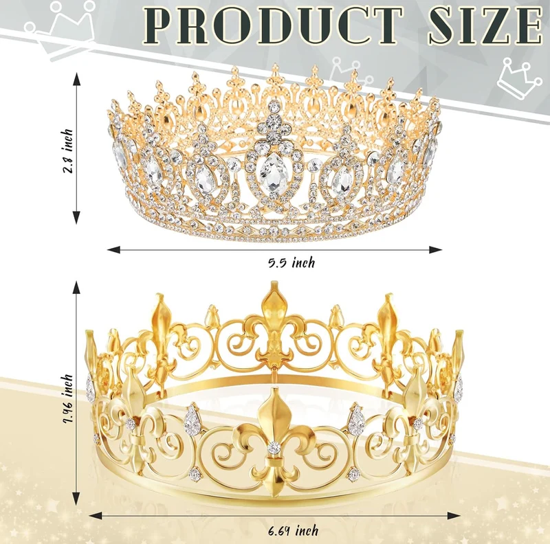 2 PCS Homecoming King Crown Metal Crystal Royal Tiara Crown for Men Women Bridegroom Bride Princess Wedding Halloween