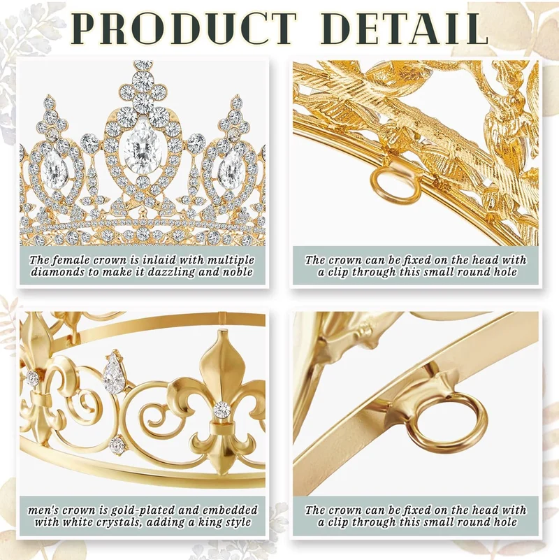 2 PCS Homecoming King Crown Metal Crystal Royal Tiara Crown for Men Women Bridegroom Bride Princess Wedding Halloween