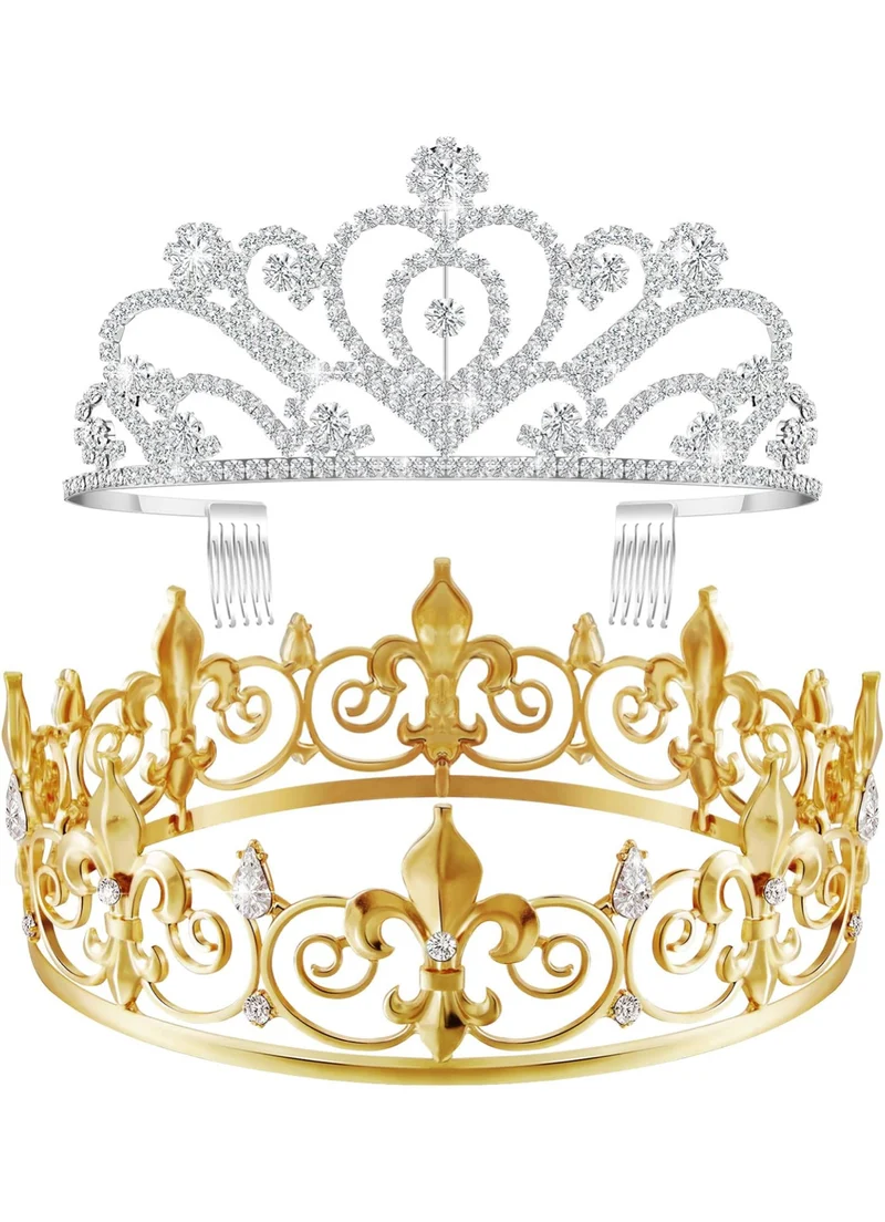 2 Pcs Homecoming King Crown Metal Crystal Royal Tiara Crown for Men Women Bridegroom Bride Princess Wedding Halloween