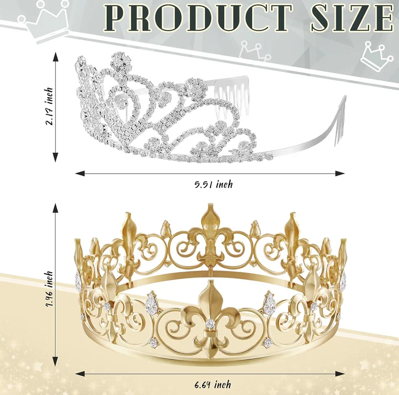 2 Pcs Homecoming King Crown Metal Crystal Royal Tiara Crown for Men Women Bridegroom Bride Princess Wedding Halloween