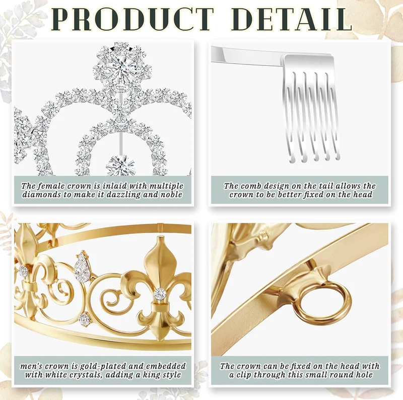 2 Pcs Homecoming King Crown Metal Crystal Royal Tiara Crown for Men Women Bridegroom Bride Princess Wedding Halloween