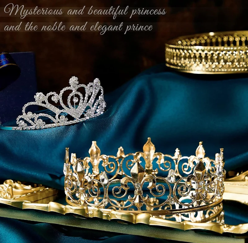 2 Pcs Homecoming King Crown Metal Crystal Royal Tiara Crown for Men Women Bridegroom Bride Princess Wedding Halloween