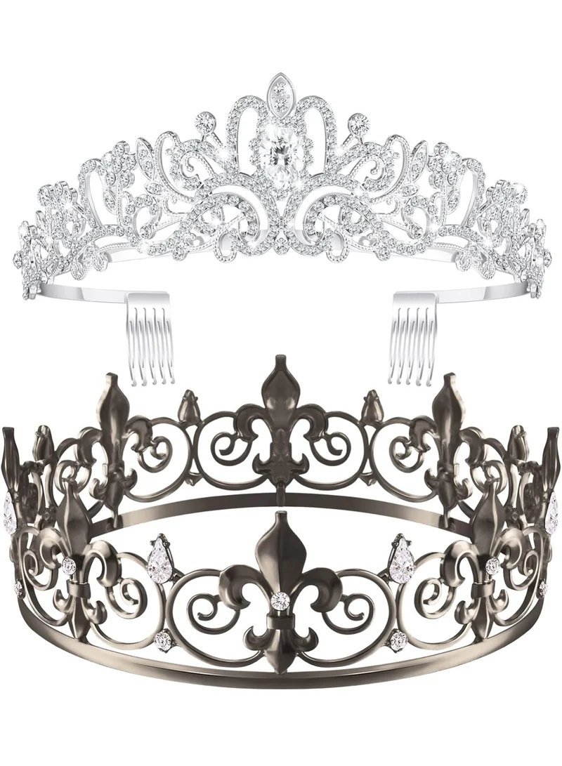 2 Pcs Homecoming King Crown Metal Crystal Royal Tiara Crown for Men Women Bridegroom Bride Princess Wedding Halloween