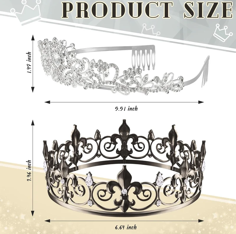 2 Pcs Homecoming King Crown Metal Crystal Royal Tiara Crown for Men Women Bridegroom Bride Princess Wedding Halloween