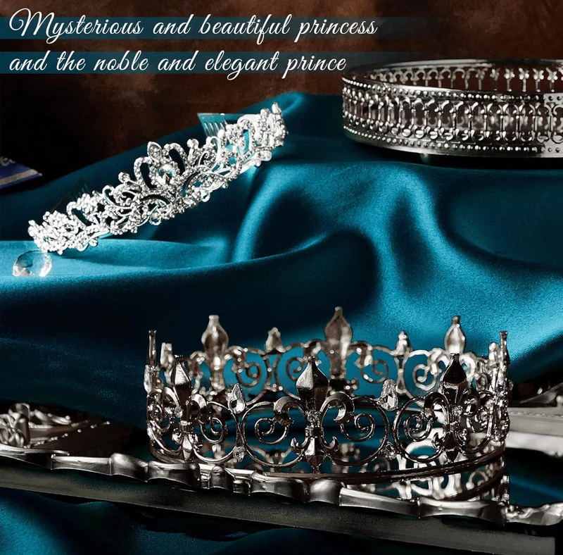 2 Pcs Homecoming King Crown Metal Crystal Royal Tiara Crown for Men Women Bridegroom Bride Princess Wedding Halloween