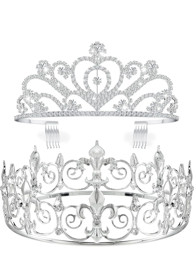 2 Pcs Homecoming King Crown Metal Crystal Royal Tiara Crown for Men Women Bridegroom Bride Princess Wedding Halloween