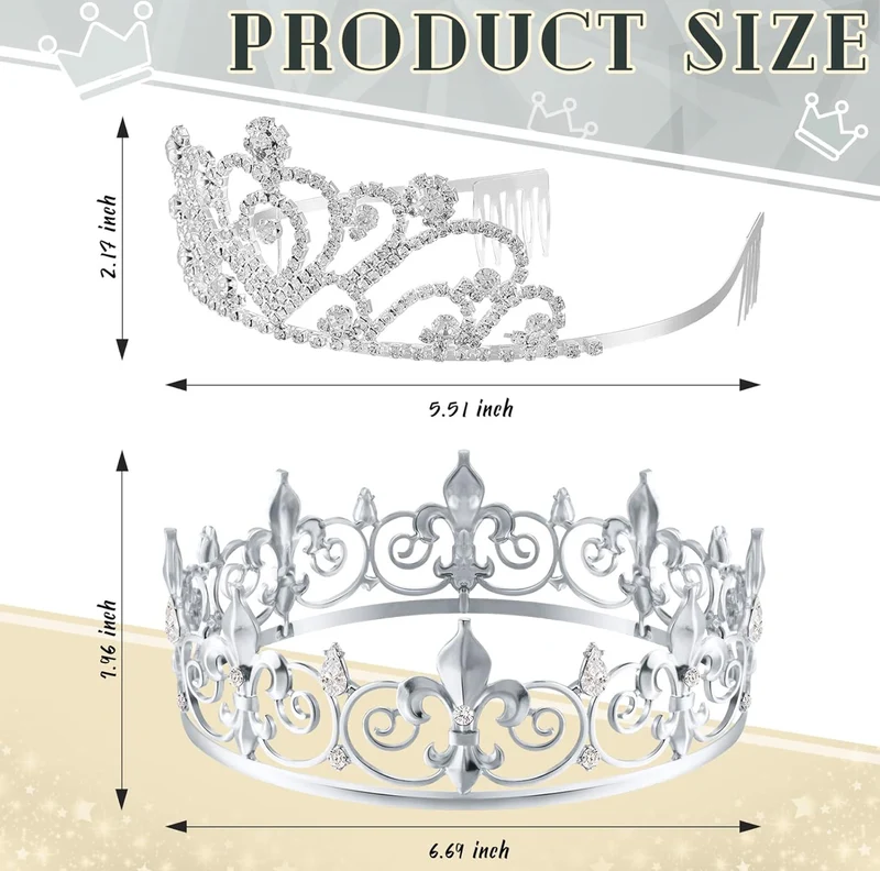 2 Pcs Homecoming King Crown Metal Crystal Royal Tiara Crown for Men Women Bridegroom Bride Princess Wedding Halloween