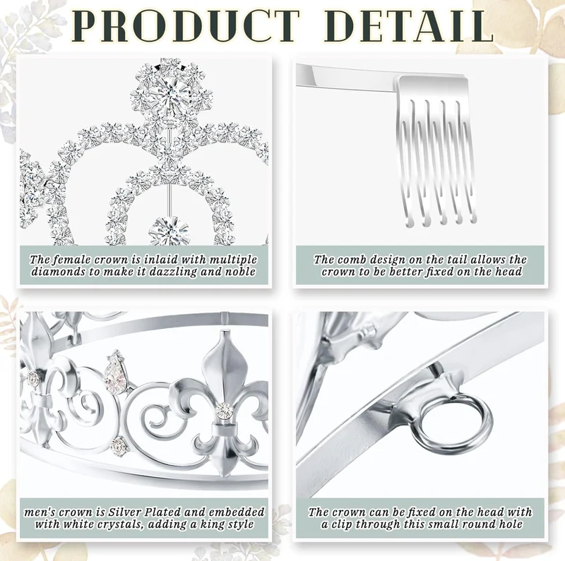 2 Pcs Homecoming King Crown Metal Crystal Royal Tiara Crown for Men Women Bridegroom Bride Princess Wedding Halloween