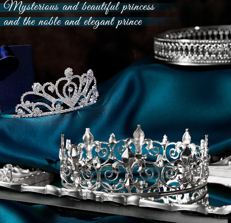 2 Pcs Homecoming King Crown Metal Crystal Royal Tiara Crown for Men Women Bridegroom Bride Princess Wedding Halloween