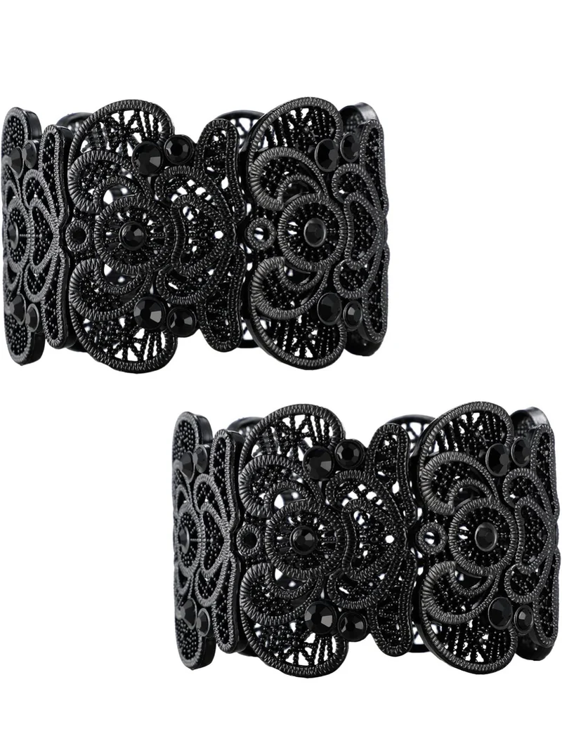 2 Pieces Black Bracelet for Women Gothic Vintage Filigree Jewelry Ladies Cuff Bracelets Bohemian Lace Bracelet Lace Cuff Bangle Wide Stretch Rhinestone Statement