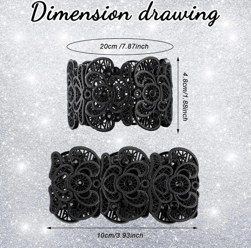 2 Pieces Black Bracelet for Women Gothic Vintage Filigree Jewelry Ladies Cuff Bracelets Bohemian Lace Bracelet Lace Cuff Bangle Wide Stretch Rhinestone Statement
