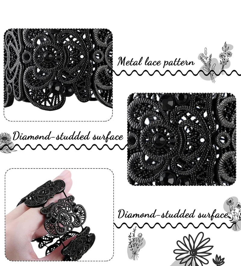 2 Pieces Black Bracelet for Women Gothic Vintage Filigree Jewelry Ladies Cuff Bracelets Bohemian Lace Bracelet Lace Cuff Bangle Wide Stretch Rhinestone Statement