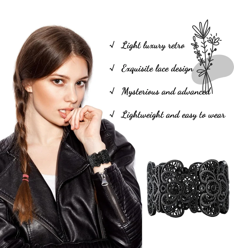 2 Pieces Black Bracelet for Women Gothic Vintage Filigree Jewelry Ladies Cuff Bracelets Bohemian Lace Bracelet Lace Cuff Bangle Wide Stretch Rhinestone Statement