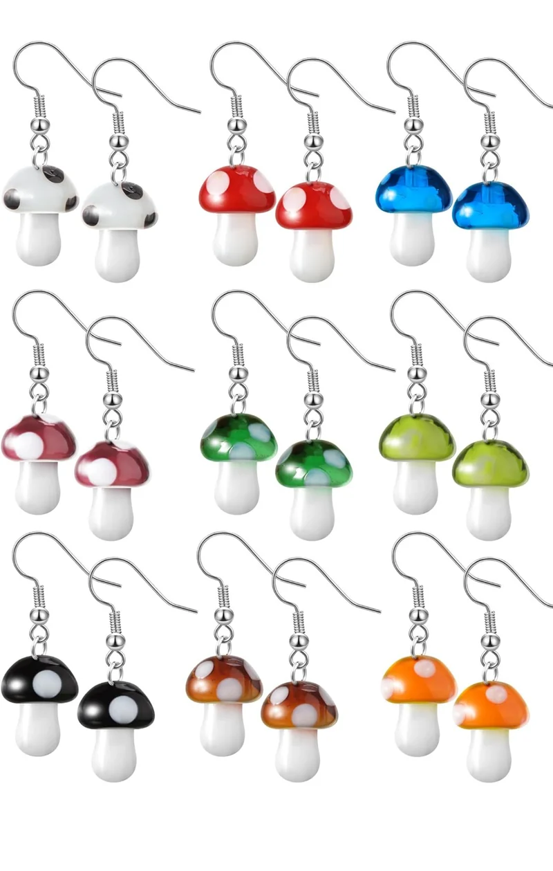 9 Pairs Mushroom Earrings for Women Long Pendant Glass Mushroom Earring Colorful Steampunk Earring Creative Funny Cute Weird Jewelry Women's Drop and Dangle Earrings