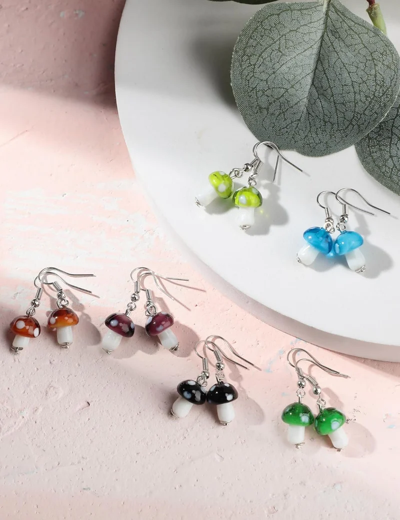 9 Pairs Mushroom Earrings for Women Long Pendant Glass Mushroom Earring Colorful Steampunk Earring Creative Funny Cute Weird Jewelry Women's Drop and Dangle Earrings