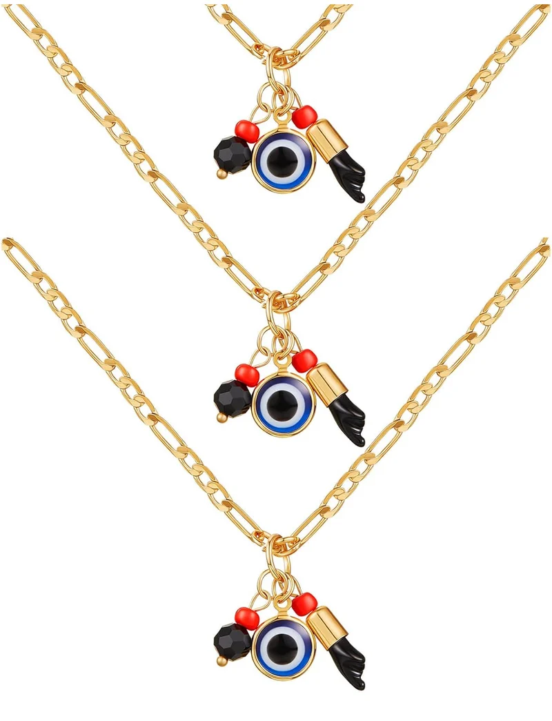 3 PCS Gold Plated Azabache Evil Eye Necklace Figa Protection Jewelry