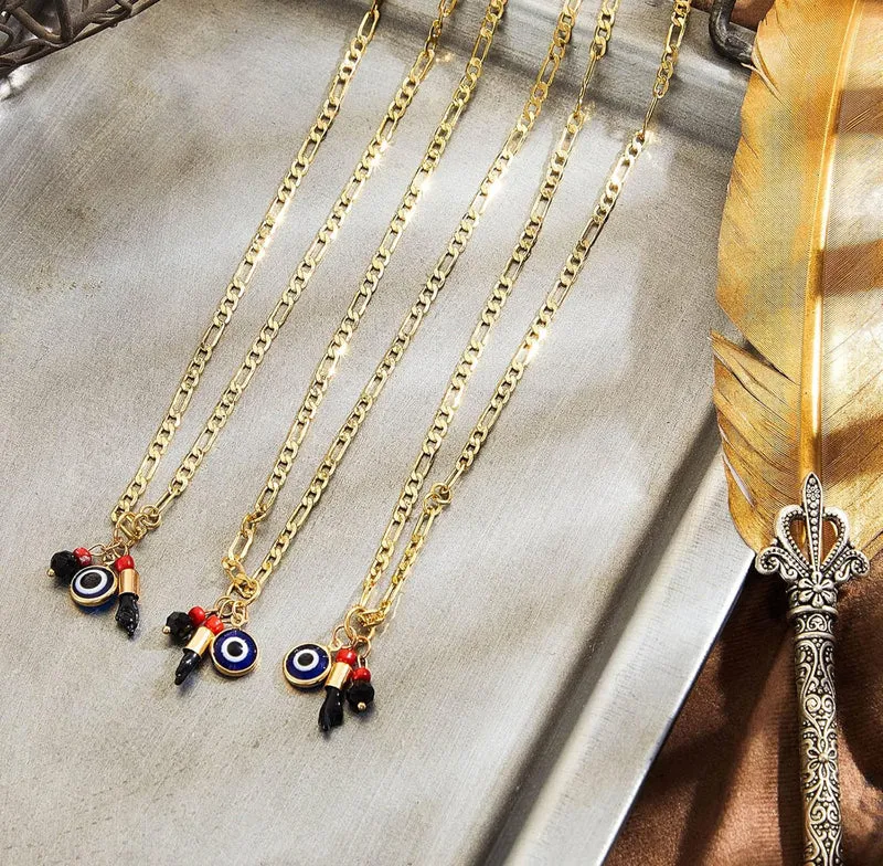 3 PCS Gold Plated Azabache Evil Eye Necklace Figa Protection Jewelry