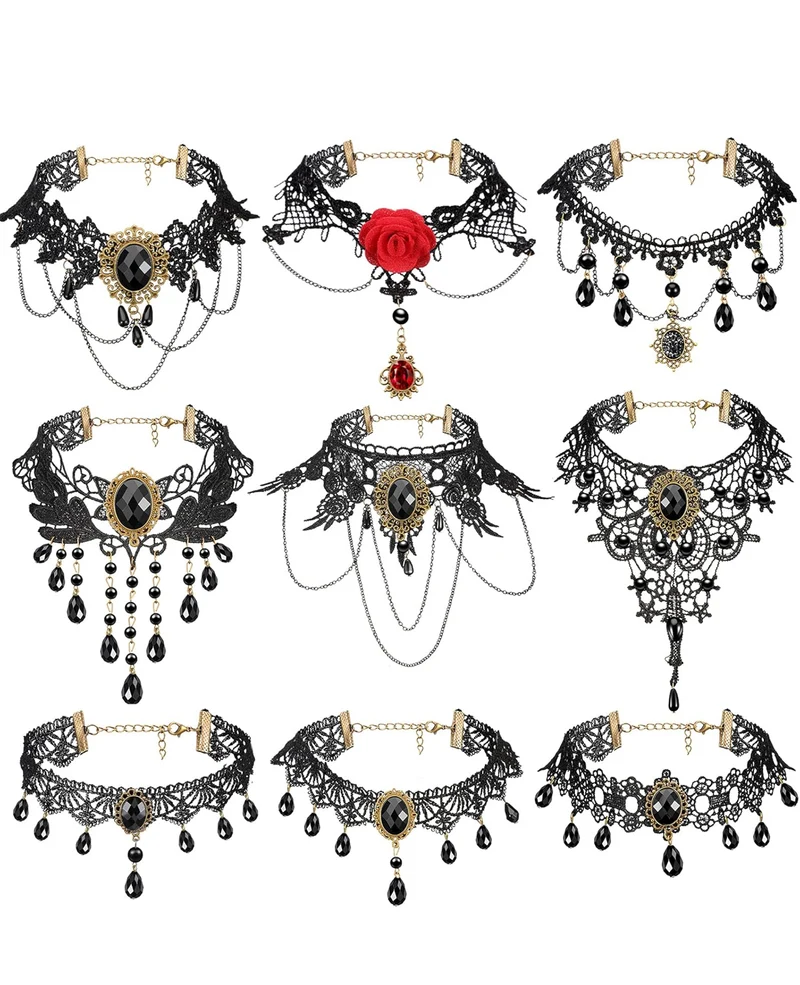 9 PCS Halloween Sexy Jewelry Black Gothic Lace Choker for Women Lady Victorian Choker Elegant Retro Punk Necklaces Collar for Halloween Party Steampunk Vampire Cosplay Costumes Wedding