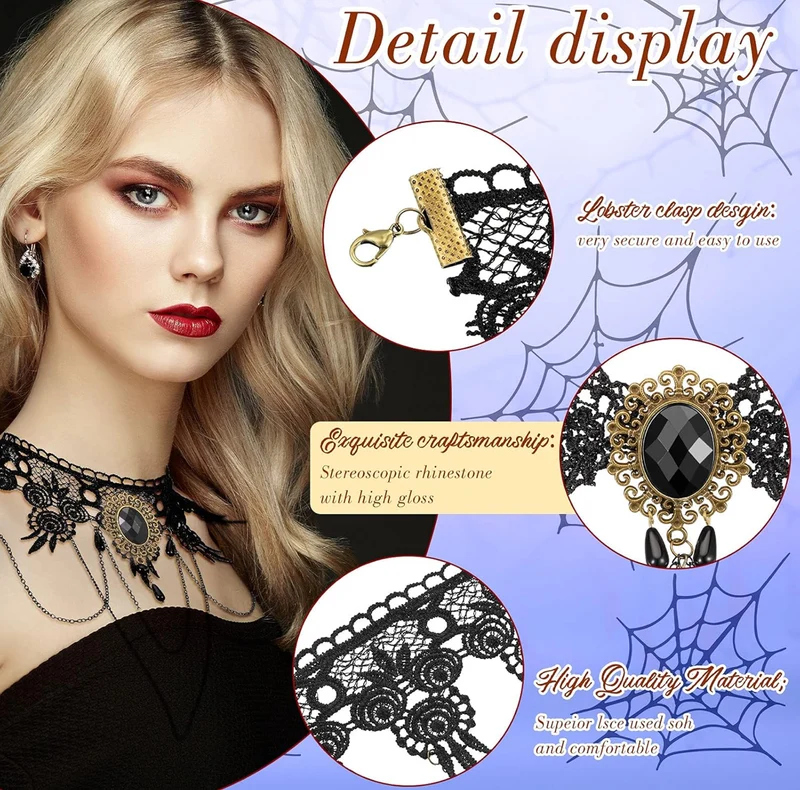 9 PCS Halloween Sexy Jewelry Black Gothic Lace Choker for Women Lady Victorian Choker Elegant Retro Punk Necklaces Collar for Halloween Party Steampunk Vampire Cosplay Costumes Wedding