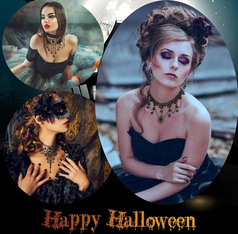 9 PCS Halloween Sexy Jewelry Black Gothic Lace Choker for Women Lady Victorian Choker Elegant Retro Punk Necklaces Collar for Halloween Party Steampunk Vampire Cosplay Costumes Wedding