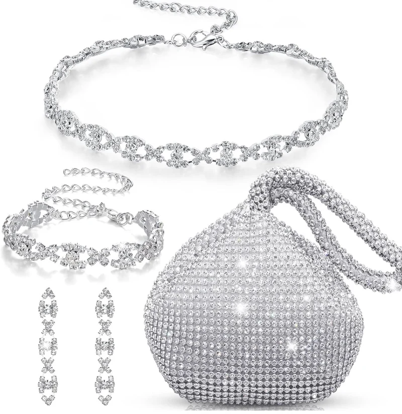4 PCS Rhinestone Necklace Choker Bracelet Earring Clutch Purses Jewelry Set Women Crystal Triangle Bling Diamond Purse Rhinestone Bag for Wedding Party