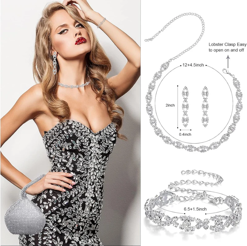 4 PCS Rhinestone Necklace Choker Bracelet Earring Clutch Purses Jewelry Set Women Crystal Triangle Bling Diamond Purse Rhinestone Bag for Wedding Party