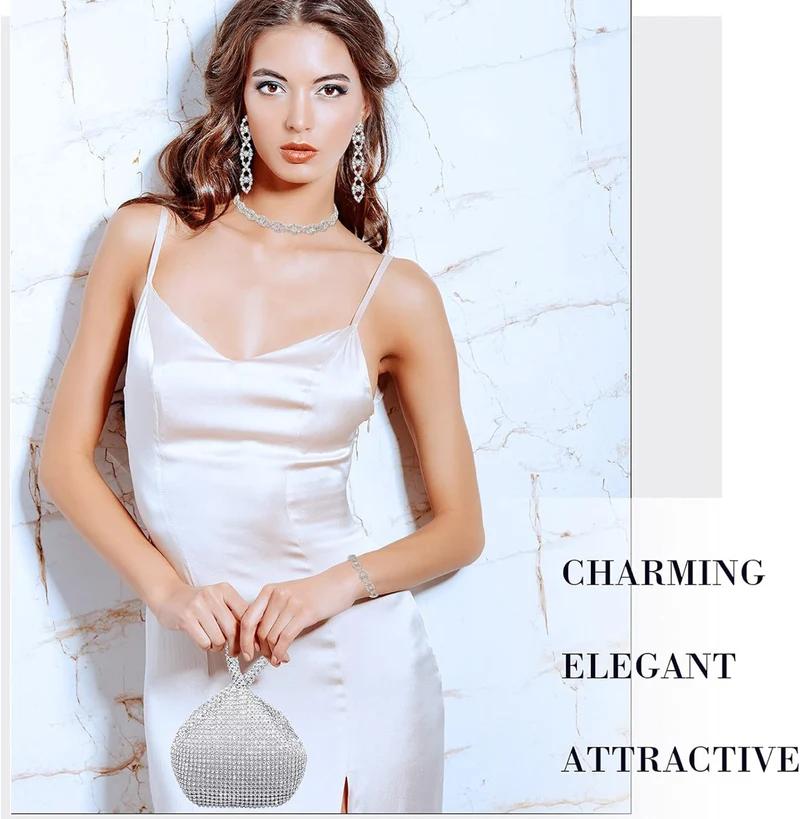 4 PCS Rhinestone Necklace Choker Bracelet Earring Clutch Purses Jewelry Set Women Crystal Triangle Bling Diamond Purse Rhinestone Bag for Wedding Party
