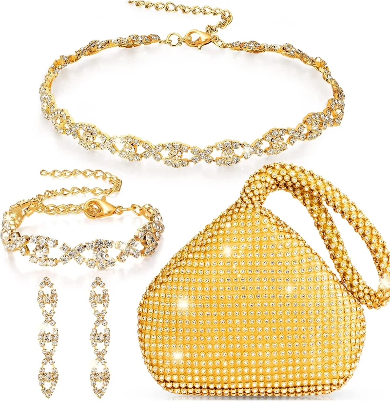 4 PCS Rhinestone Necklace Choker Bracelet Earring Clutch Purses Jewelry Set Women Crystal Triangle Bling Diamond Purse Rhinestone Bag for Wedding Party
