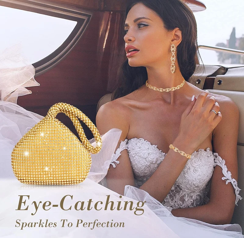4 PCS Rhinestone Necklace Choker Bracelet Earring Clutch Purses Jewelry Set Women Crystal Triangle Bling Diamond Purse Rhinestone Bag for Wedding Party