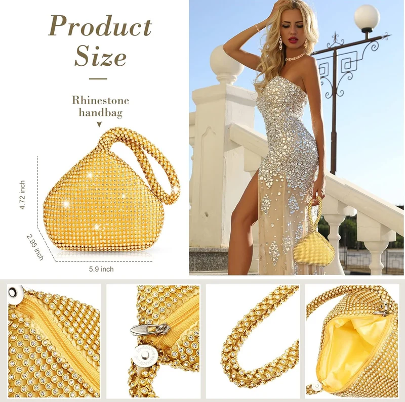 4 PCS Rhinestone Necklace Choker Bracelet Earring Clutch Purses Jewelry Set Women Crystal Triangle Bling Diamond Purse Rhinestone Bag for Wedding Party