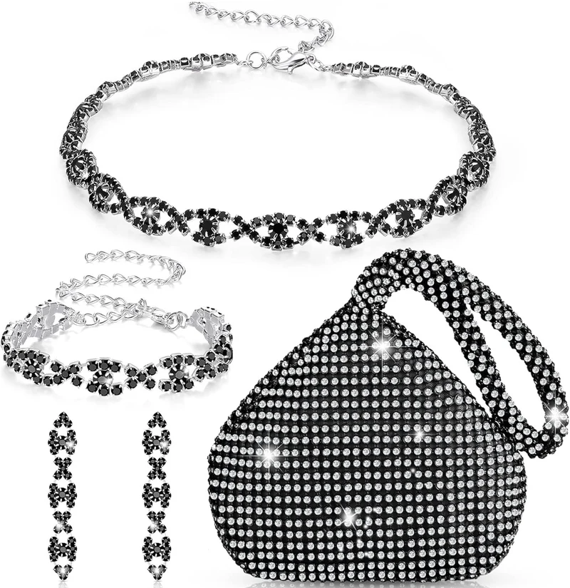 4 PCS Rhinestone Necklace Choker Bracelet Earring Clutch Purses Jewelry Set Women Crystal Triangle Bling Diamond Purse Rhinestone Bag for Wedding Party