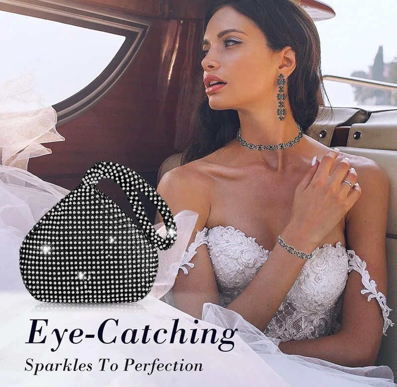 4 PCS Rhinestone Necklace Choker Bracelet Earring Clutch Purses Jewelry Set Women Crystal Triangle Bling Diamond Purse Rhinestone Bag for Wedding Party