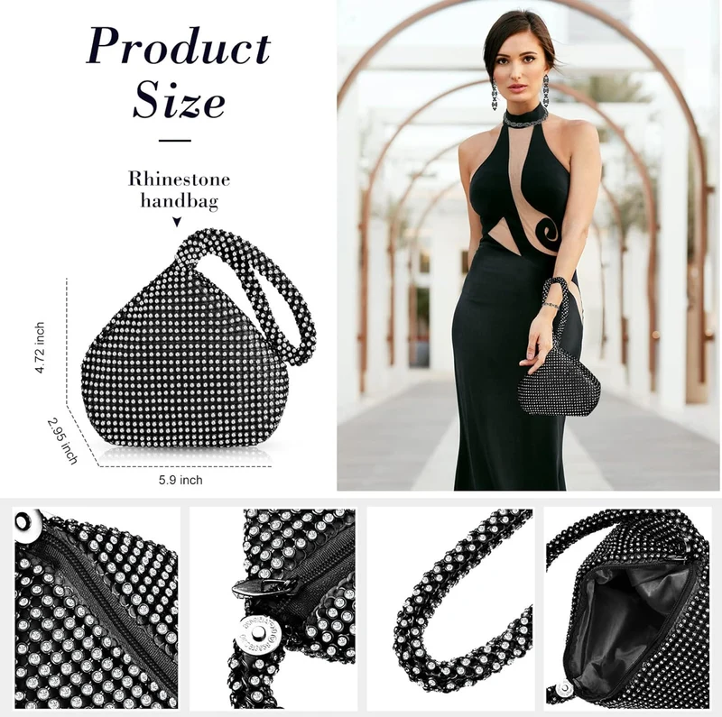 4 PCS Rhinestone Necklace Choker Bracelet Earring Clutch Purses Jewelry Set Women Crystal Triangle Bling Diamond Purse Rhinestone Bag for Wedding Party