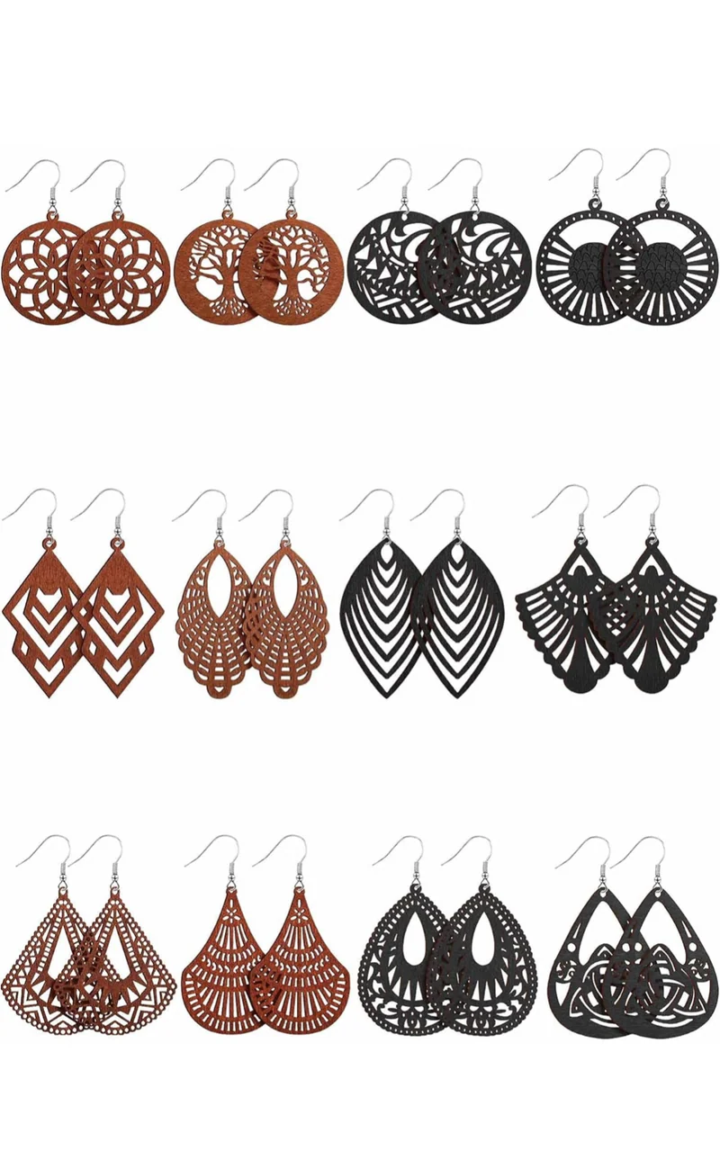 12 Pairs African Wooden Dangle Earrings Lightweight Drop Earrings Bohemian Pendant Jewelry Wooden Ornaments