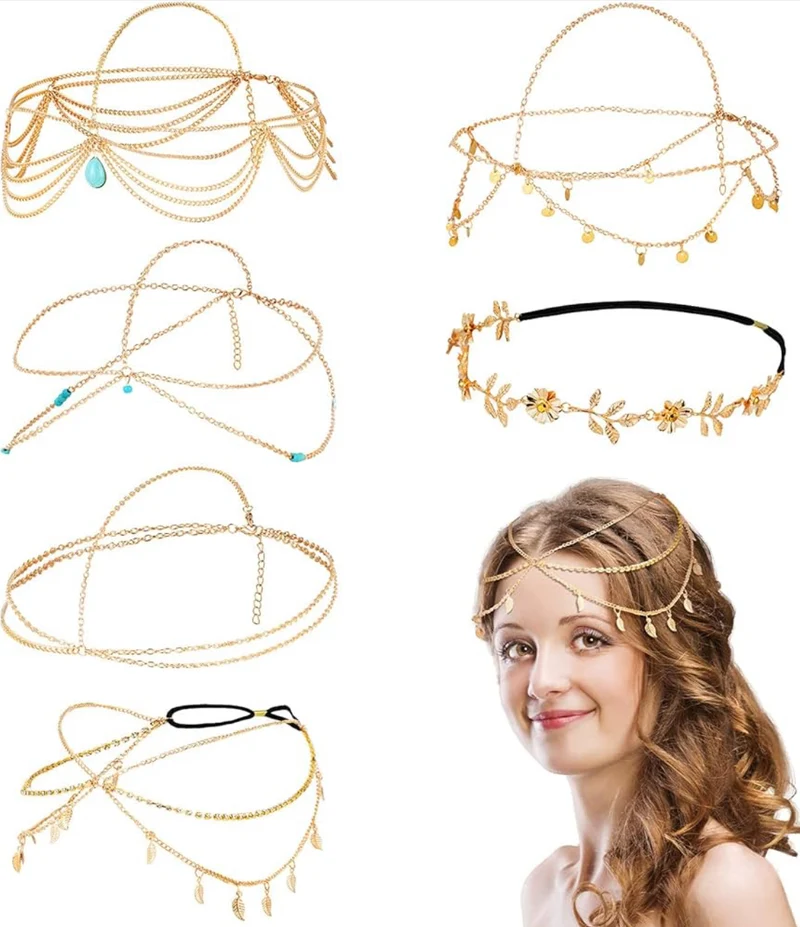 6 Pcs Gold Head Chain Jewelry Boho Bridal Headpiece Turquoise Tassel Headbands Boho Hair Accessories for Women Girls