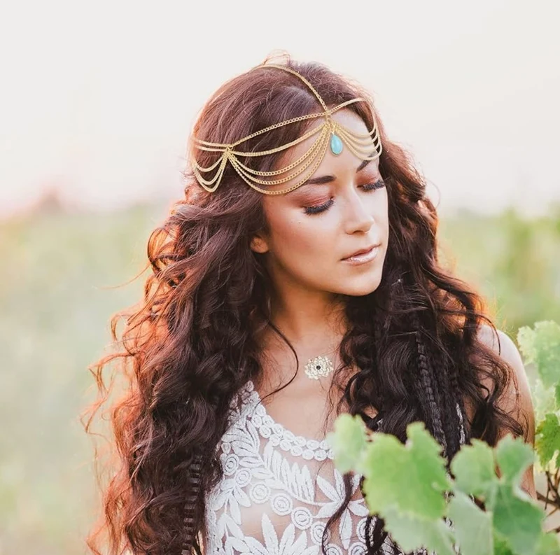 6 Pcs Gold Head Chain Jewelry Boho Bridal Headpiece Turquoise Tassel Headbands Boho Hair Accessories for Women Girls