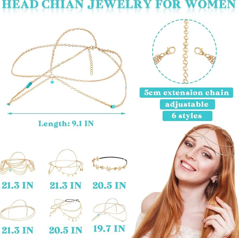 6 Pcs Gold Head Chain Jewelry Boho Bridal Headpiece Turquoise Tassel Headbands Boho Hair Accessories for Women Girls