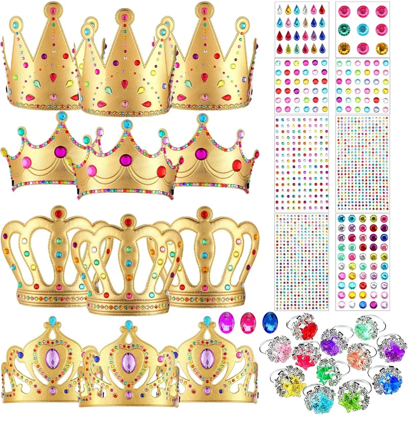 12 PCS Foam Princess Tiaras Crown for Kids 928 Pieces Gem Stickers 12 Gem Rings Craft Making Kits Birthday Party Favors